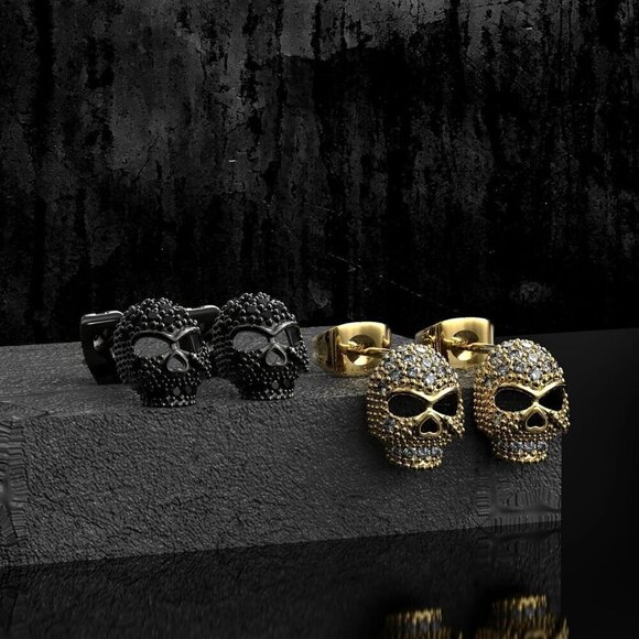 Women Gold Skull Earrings Sterling Silver Post Cubic Zirconia Stud Goth Jewelry, - Picture 6 of 6